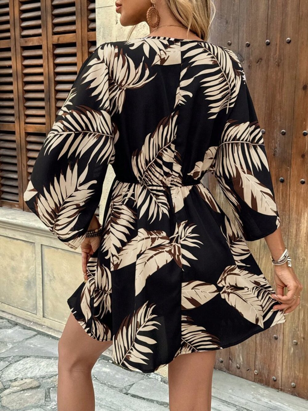 Black Boho Women's Tropical Printed Button-Up Half Placket Dress - Picture 2 of 6